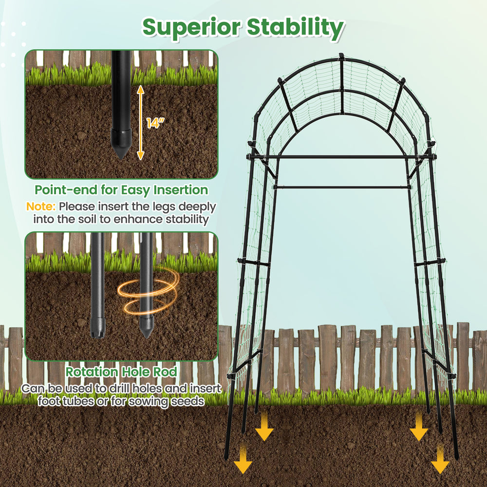 7.5 feet garden arch trellis with PE coated metal structure, featuring a rotation hole rod for easy planting and.