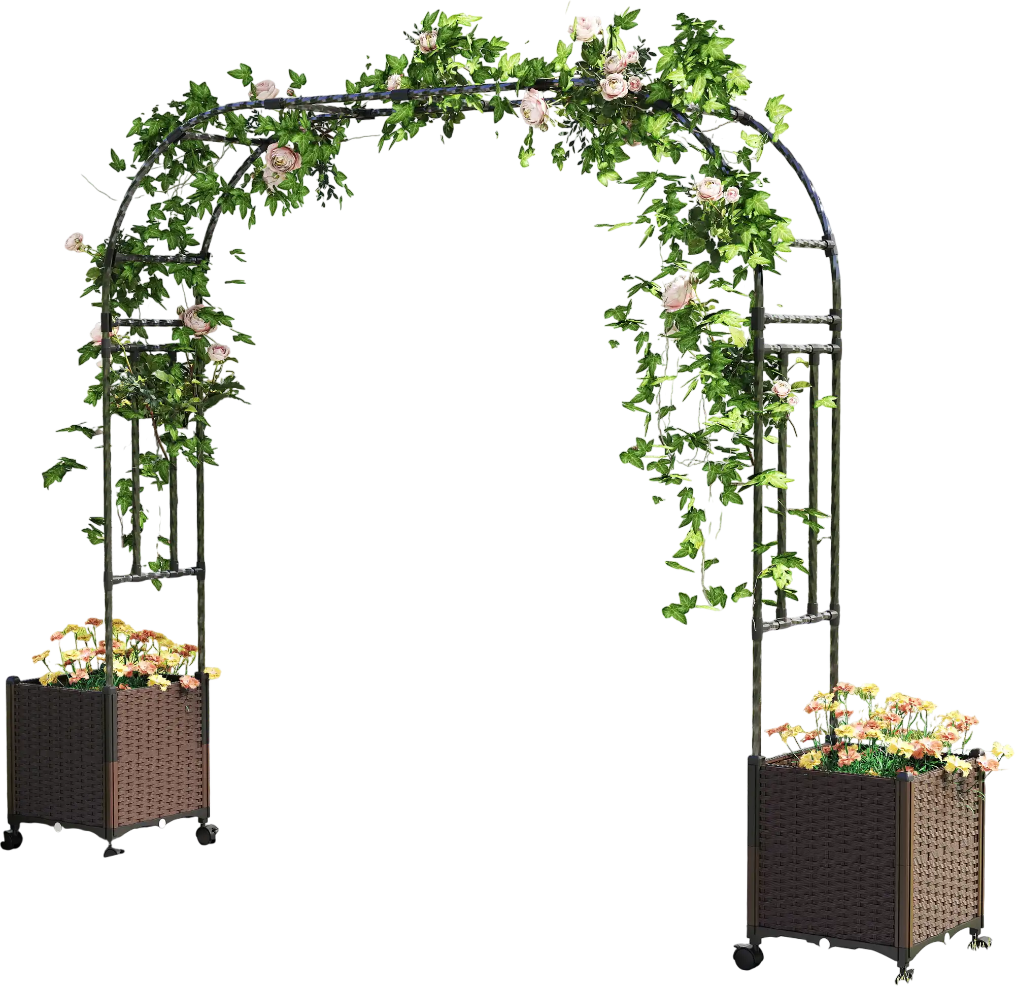Costway 6.6' Garden Arch Trellis w/ 2 Planter Boxes Lockable Wheels Black 29186473 New