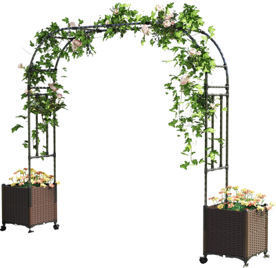 Costway 6.6' Garden Arch Trellis w/ 2 Planter Boxes Lockable Wheels Black 29186473 New