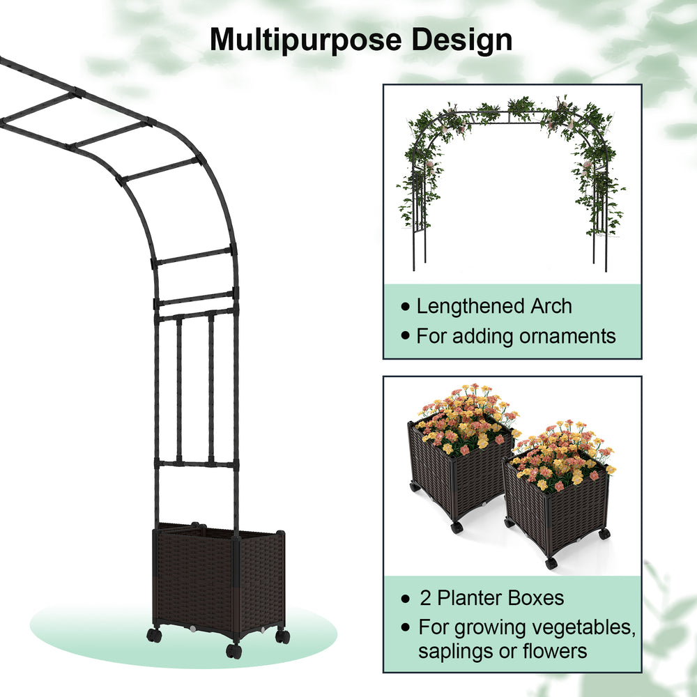Garden arch trellis with 2 planter boxes, black faux rattan design, ideal for climbing plants and outdoor decoration.