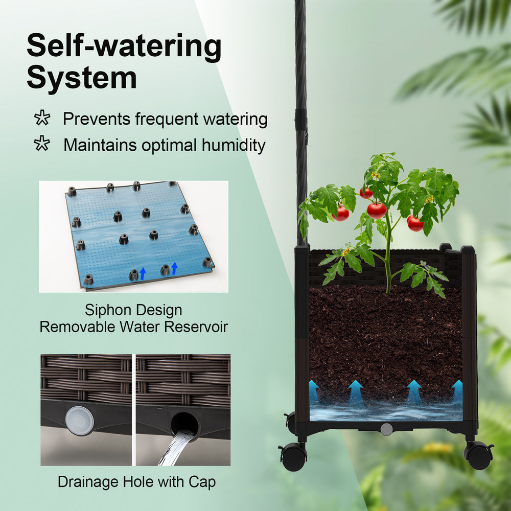 Self-watering planter box with drainage hole, featuring a siphon design and faux woven rattan for easy plant care.