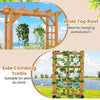 Wooden garden arch trellis with wide top roof for hanging plants and side climbing trellis, ideal for outdoor decor.