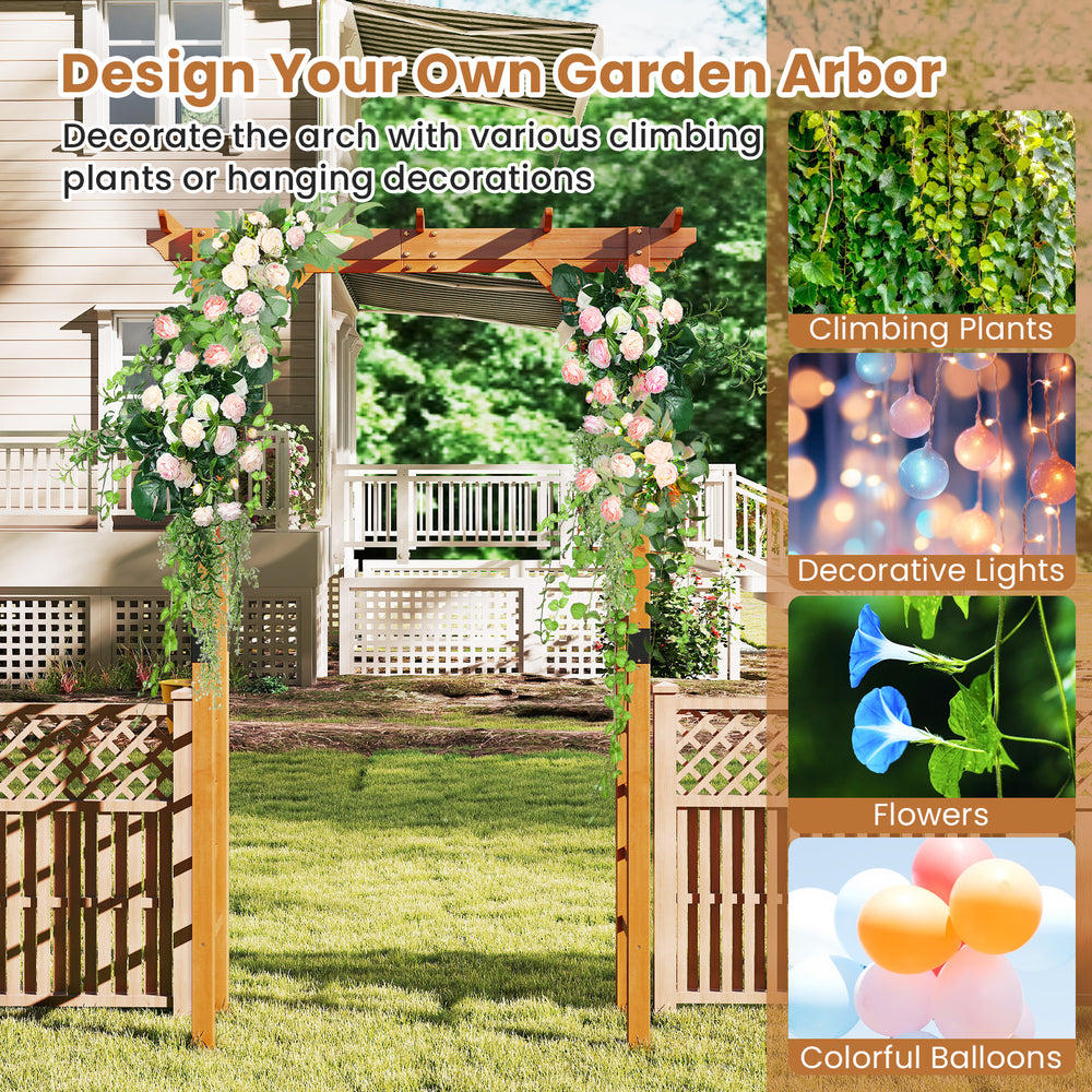 Wooden garden arch trellis for climbing plants, 7 feet tall, with decorative options for weddings and patios.