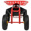 Red garden cart rolling work seat with a sturdy frame, large inflatable wheels, and a convenient tool storage tray.