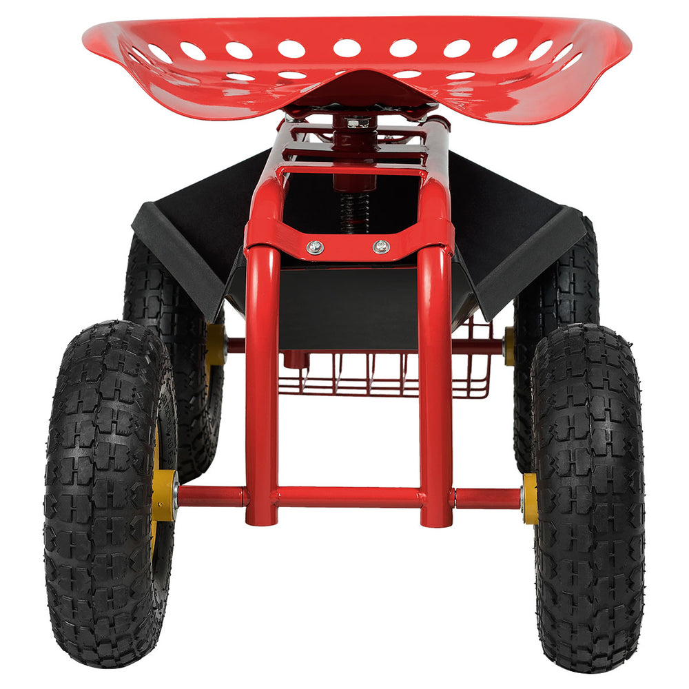 Red garden cart rolling work seat with a sturdy frame, large inflatable wheels, and a convenient tool storage tray.
