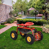 Garden cart with ergonomic red seat, tool tray, and large wheels for easy mobility in outdoor gardening tasks.