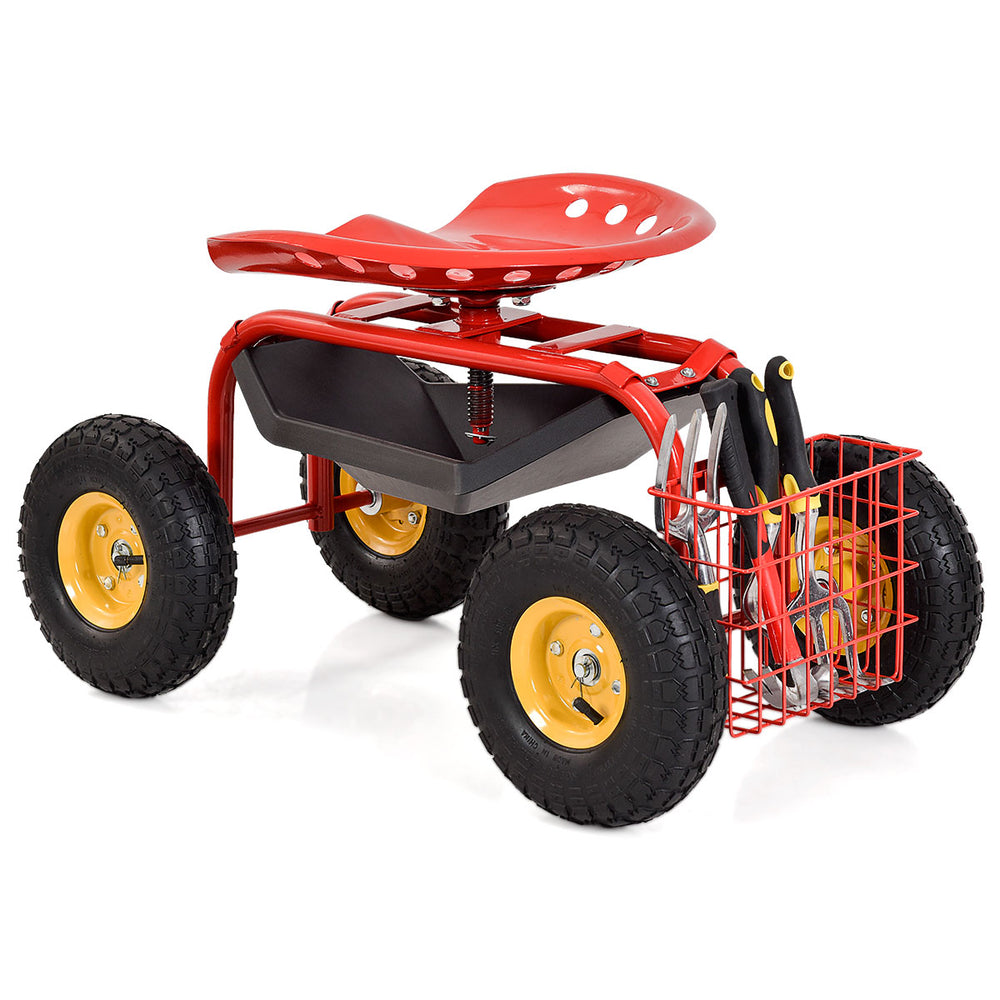 Red garden cart rolling work seat with heavy-duty tool tray, ergonomic design, and four large inflatable rubber tires.