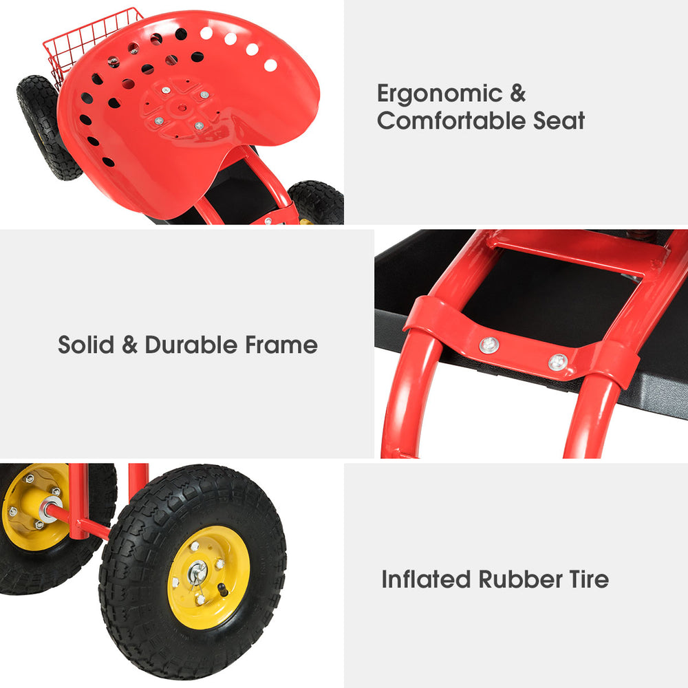 Red garden cart rolling work seat with ergonomic seat, durable frame, and inflated rubber tires for gardening.