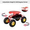 Red garden cart rolling work seat with adjustable height, 360-degree swivel, and heavy-duty tool tray for gardening.