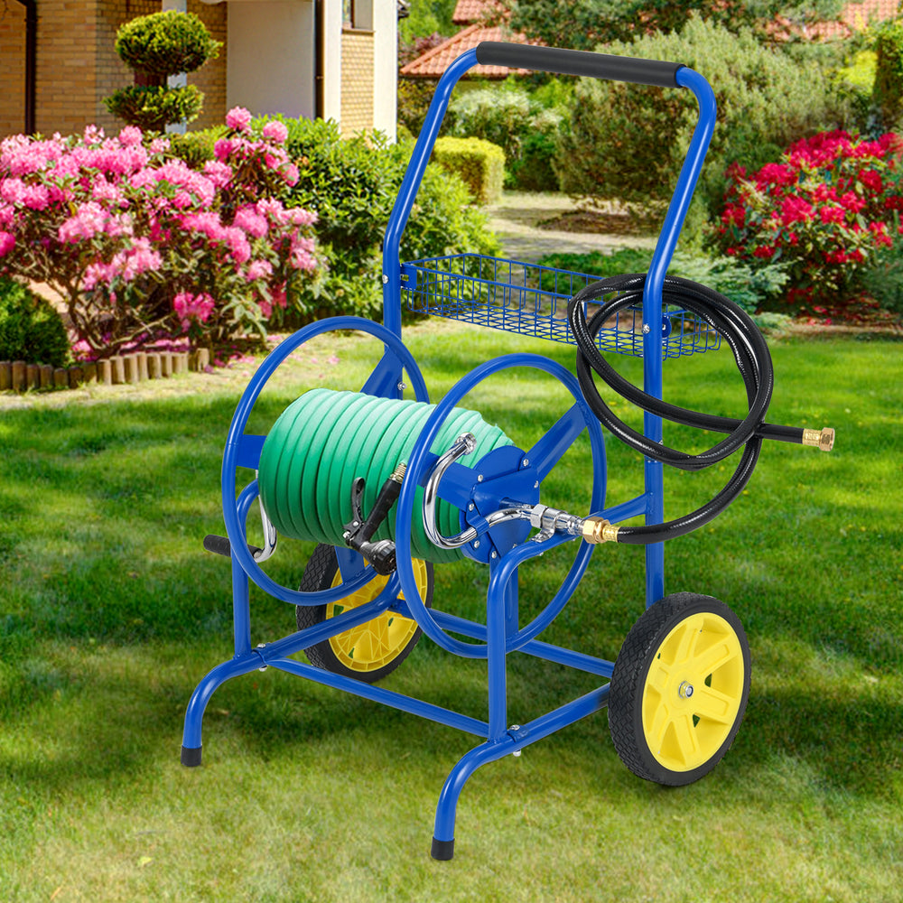 Garden hose reel cart in blue with two wheels and storage basket, designed for easy maneuvering in the garden.