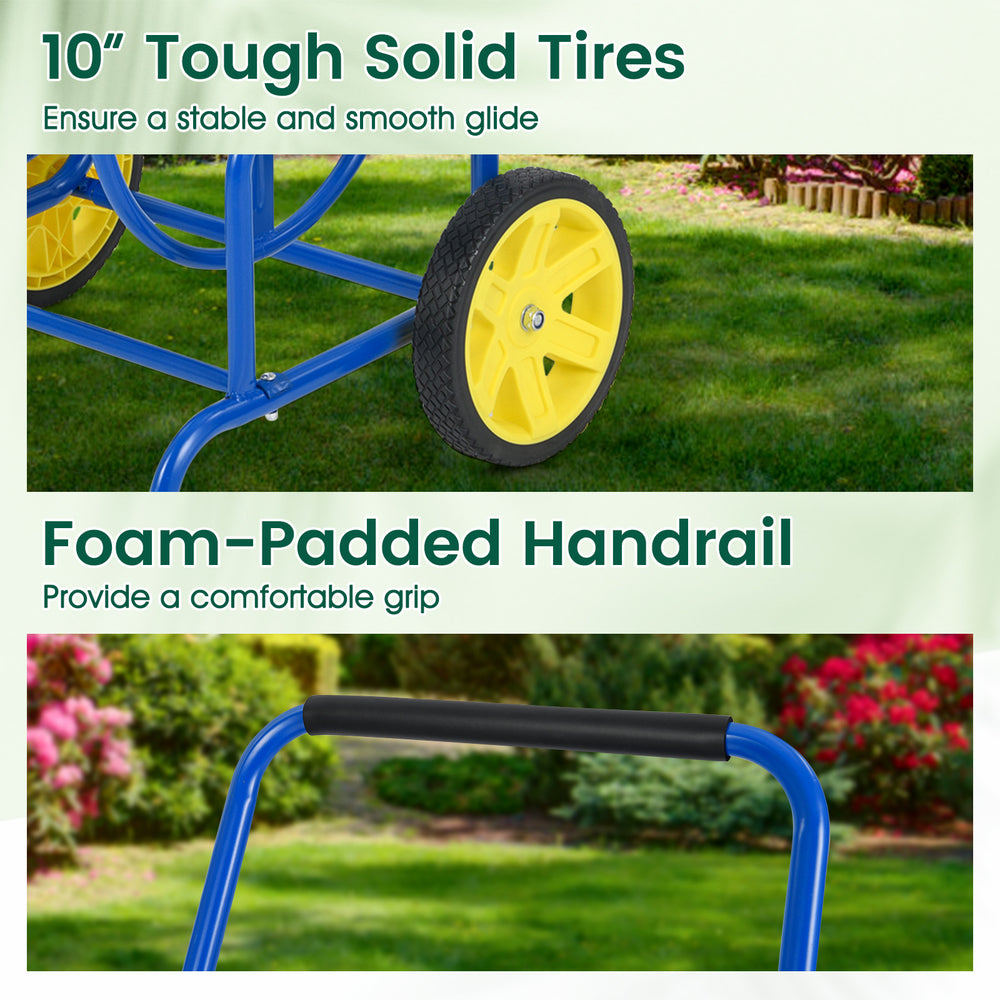 10" tough solid tires and foam-padded handrail of the blue garden hose reel cart for easy maneuverability.