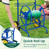 Garden hose reel cart in blue showing the labor-saving crank, designed for easy winding and unwinding of hoses.