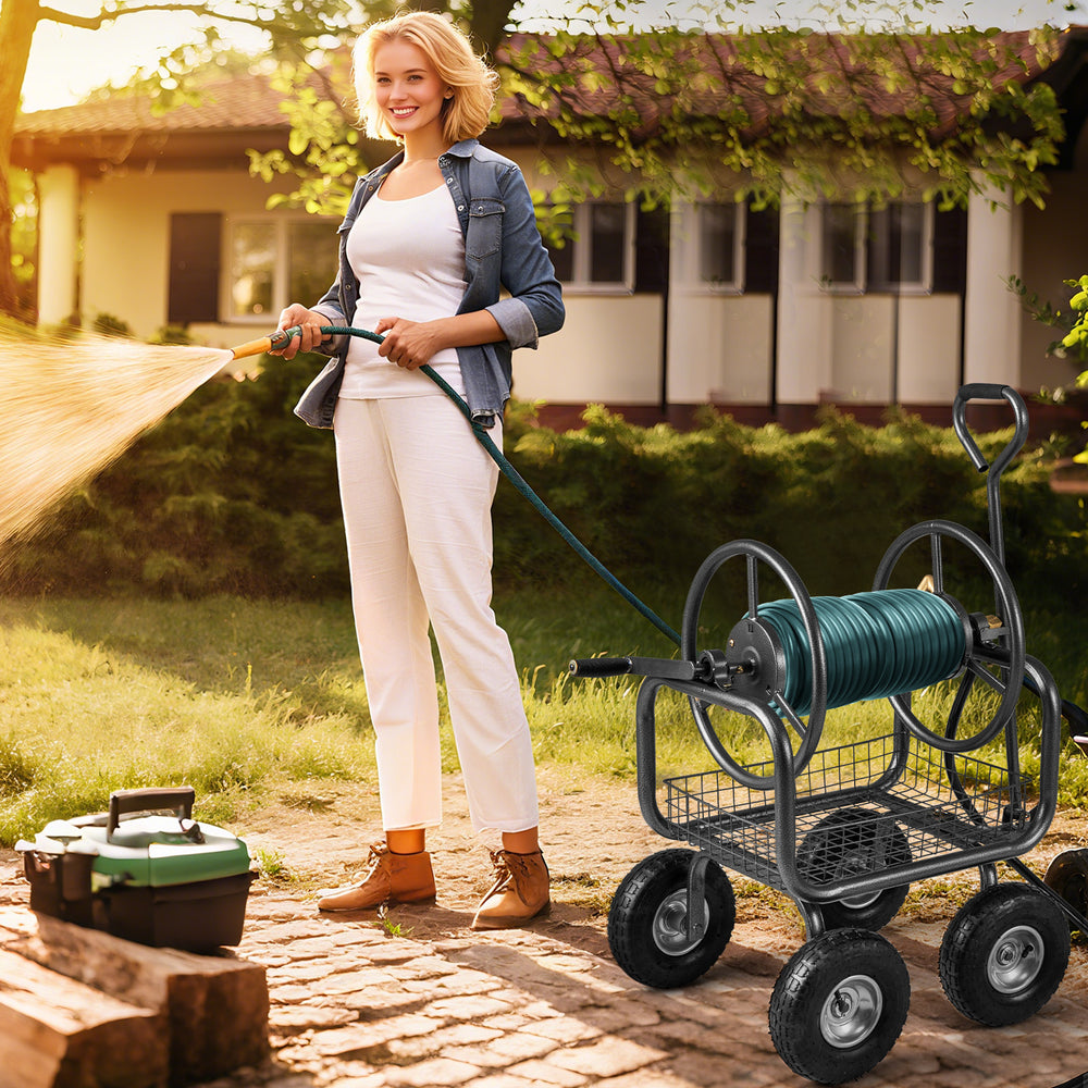 Garden Hose Reel Cart 300 Feet Large Capacity with 4 Wheels and Storage Basket-Gray - Gallery View 1 of 10
