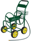 Metal garden hose reel cart in green with 4 wheels, storage basket, and 6 ft water inlet hose for easy maneuvering.