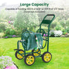 Garden hose reel cart with large capacity, holding 300 ft of hose, featuring 4 wheels and a storage basket for.