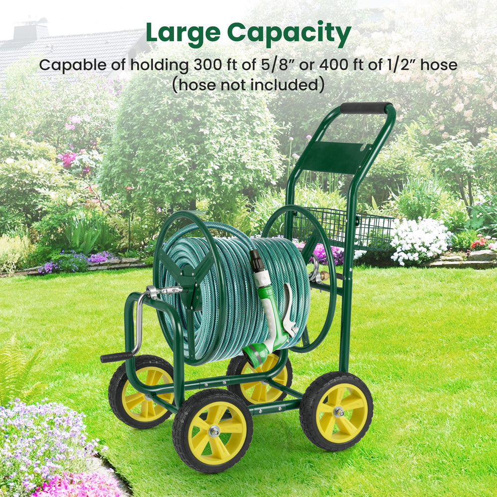 Garden hose reel cart with large capacity, holding 300 ft of hose, featuring 4 wheels and a storage basket for.