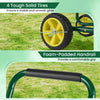 Garden hose reel cart with 4 solid tires and foam-padded handrail for easy maneuvering in the garden.