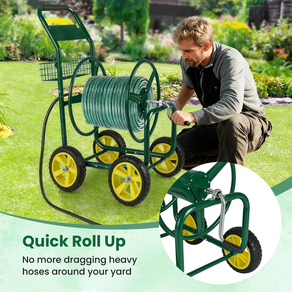 Garden hose reel cart featuring a sturdy metal frame, large wheels, and a convenient cutout for easy hose storage.