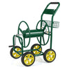 Garden hose reel cart in green with four wheels, storage basket, and foam-padded handrail for easy maneuvering.