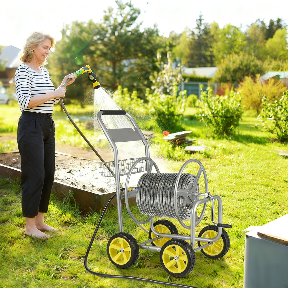 Garden Hose Reel Cart Metal Hose Cart with 4 Wheels and Storage Basket-Silver - Gallery View 1 of 11