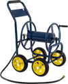Heavy-duty blue metal garden hose reel cart with four wheels, featuring a foam-padded handle for easy portability.