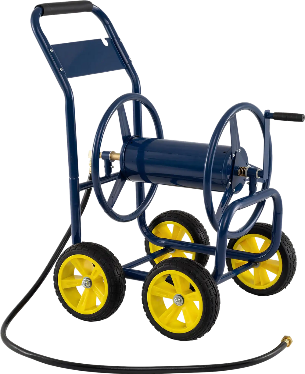 Heavy-duty blue metal garden hose reel cart with four wheels, featuring a foam-padded handle for easy portability.