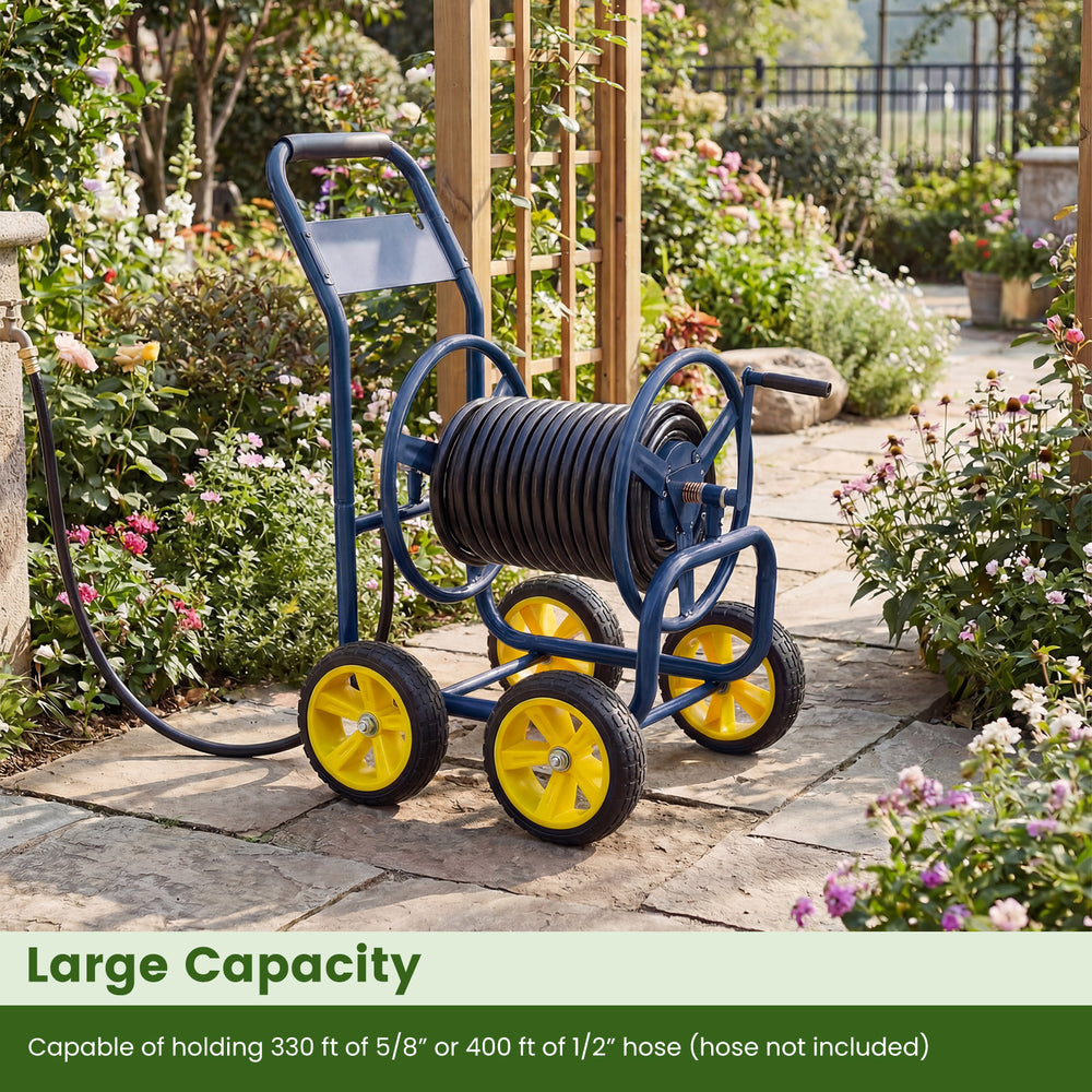 Garden hose reel cart with heavy-duty metal frame, large capacity for 330 ft hose, portable design with four wheels.