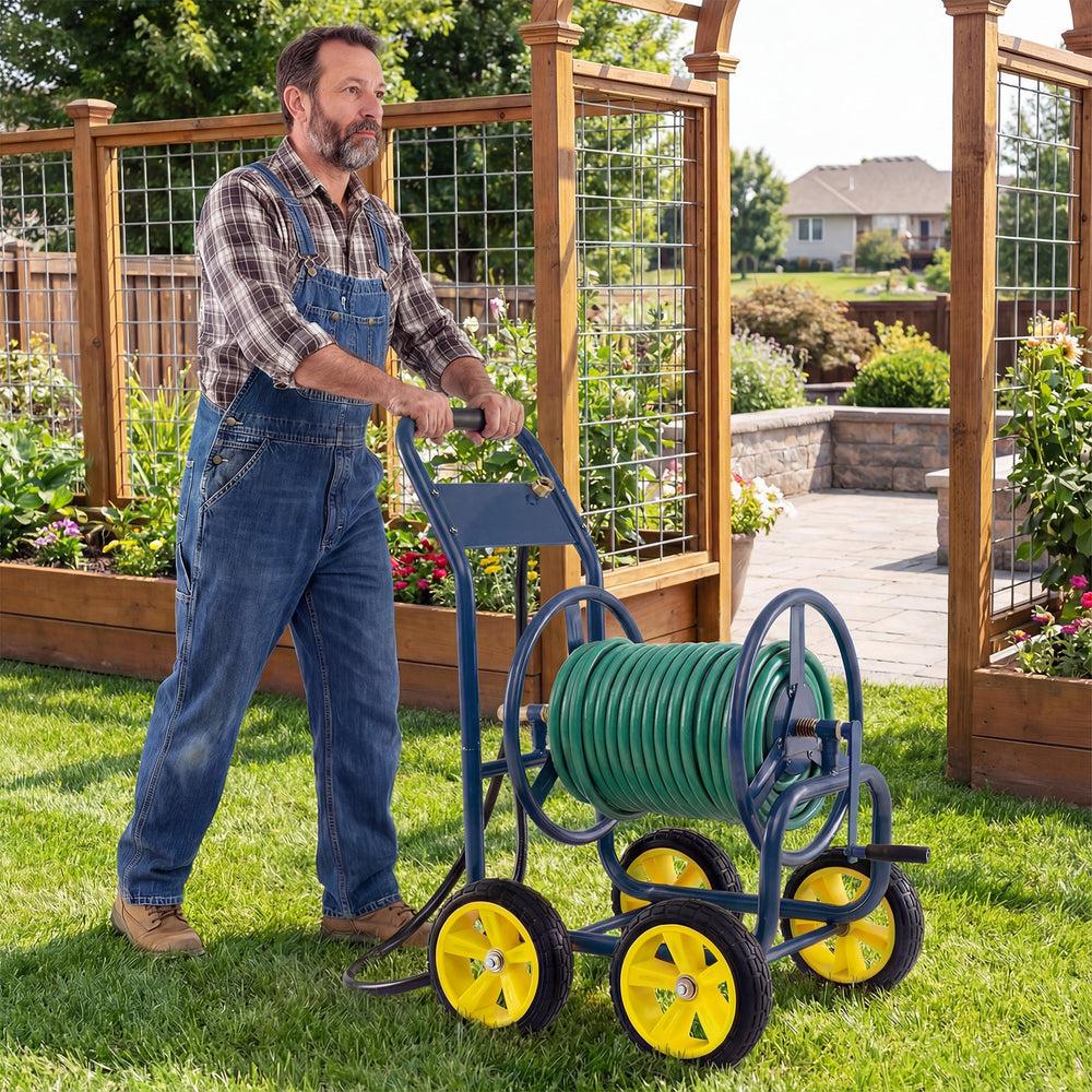 Garden hose reel cart with heavy-duty metal construction, portable design, and large capacity for easy garden access.