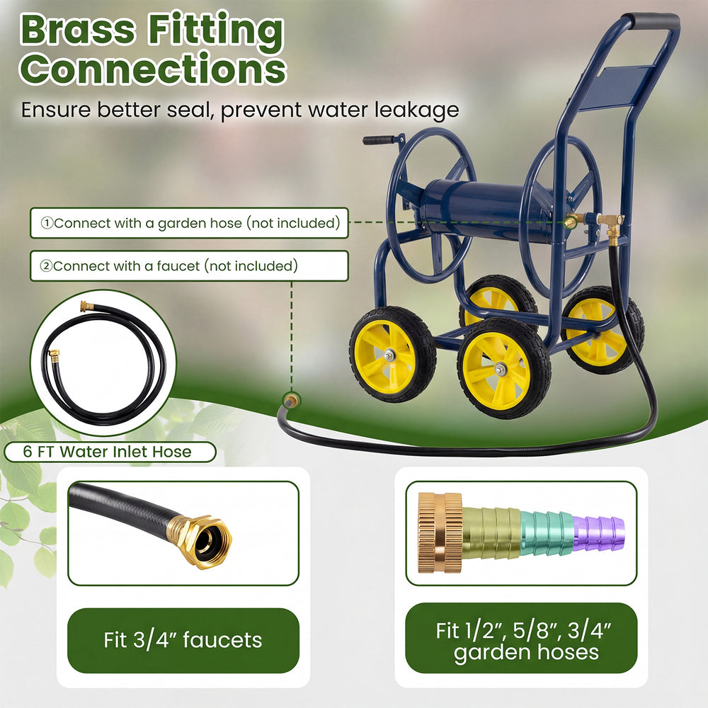Heavy-duty blue garden hose reel cart with brass fittings, 4 wheels, and a foam-padded handrail for easy mobility.