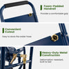 Foam-padded handrail and heavy-duty metal construction of the blue garden hose reel cart for easy and comfortable use.