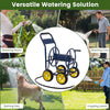 Heavy-duty metal garden hose reel cart with four wheels, ideal for watering plants and washing cars.