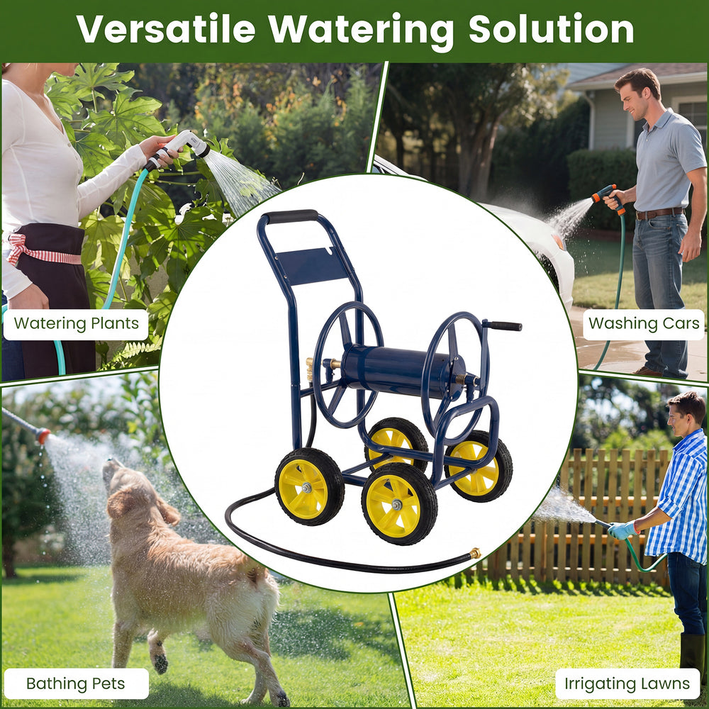 Heavy-duty metal garden hose reel cart with four wheels, ideal for watering plants and washing cars.