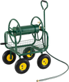 Garden hose reel cart with 4 wheels, storage basket, and capacity for 300 ft hose, ideal for easy garden watering.