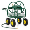 Garden hose reel cart with large capacity, 4 wheels, and storage basket for easy maneuvering in the garden.