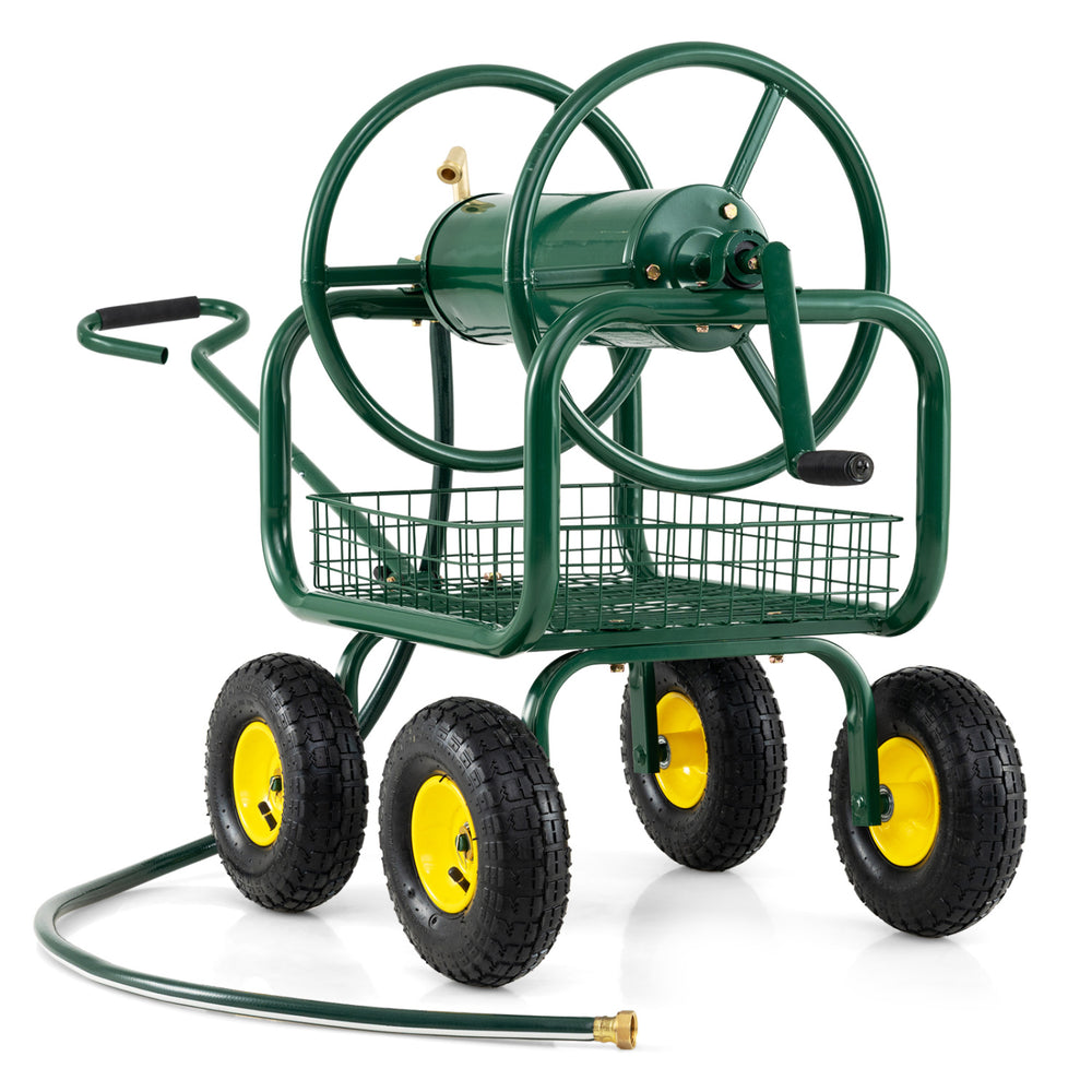Garden hose reel cart with large capacity, 4 wheels, and storage basket for easy maneuvering in the garden.