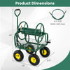 Garden hose reel cart with storage basket, 300 ft capacity, 4 wheels, and 6 FT water inlet hose for easy maneuvering.