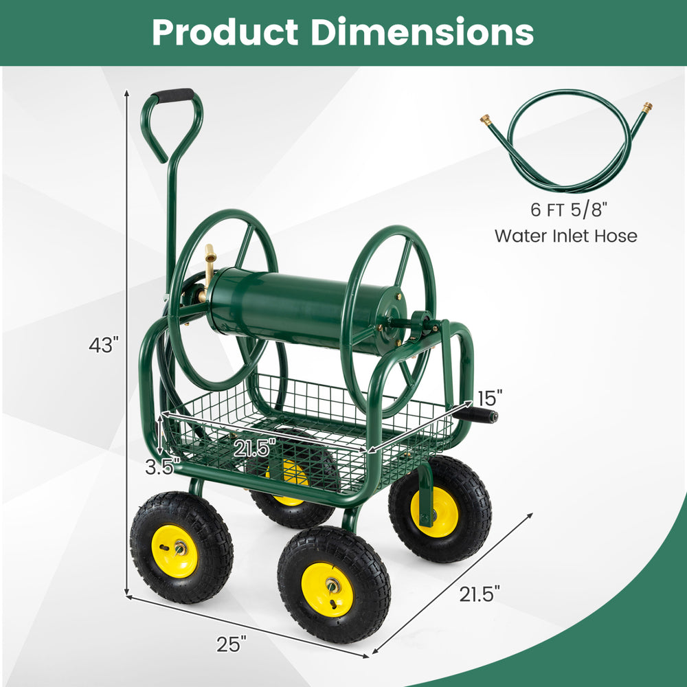 Garden hose reel cart with storage basket, 300 ft capacity, 4 wheels, and 6 FT water inlet hose for easy maneuvering.