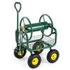 Garden hose reel cart with large capacity for 300 ft hose, featuring 4 wheels, storage basket, and durable metal.