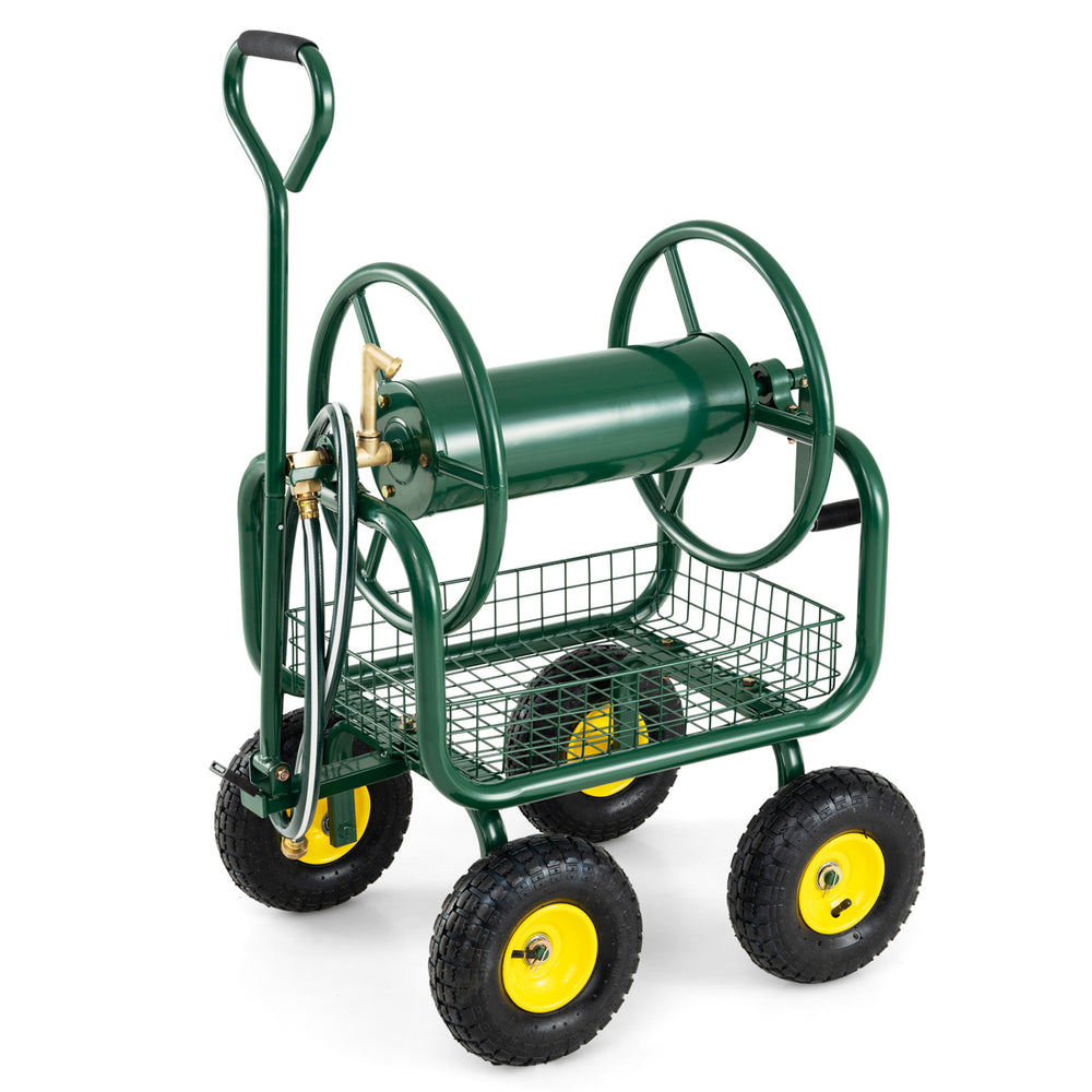 Garden hose reel cart with large capacity for 300 ft hose, featuring 4 wheels, storage basket, and durable metal.