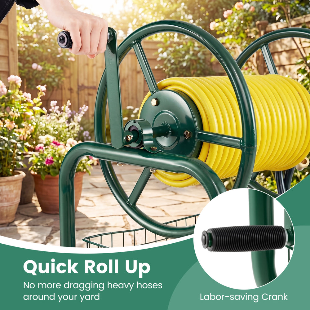 Garden Hose Reel Cart with 300 ft capacity, featuring a labor-saving crank and foam-padded handle for easy maneuvering.