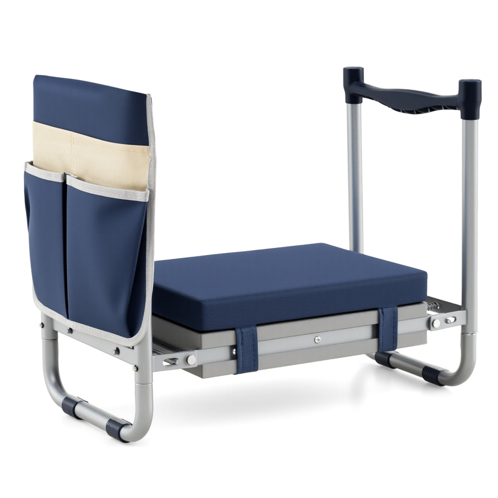 Garden kneeler and seat in navy with wide EVA foam padding, featuring a tool pouch and foldable design for easy.