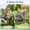 Garden kneeler and seat with wide EVA foam padding, shown in use for gardening tasks in a flower garden.