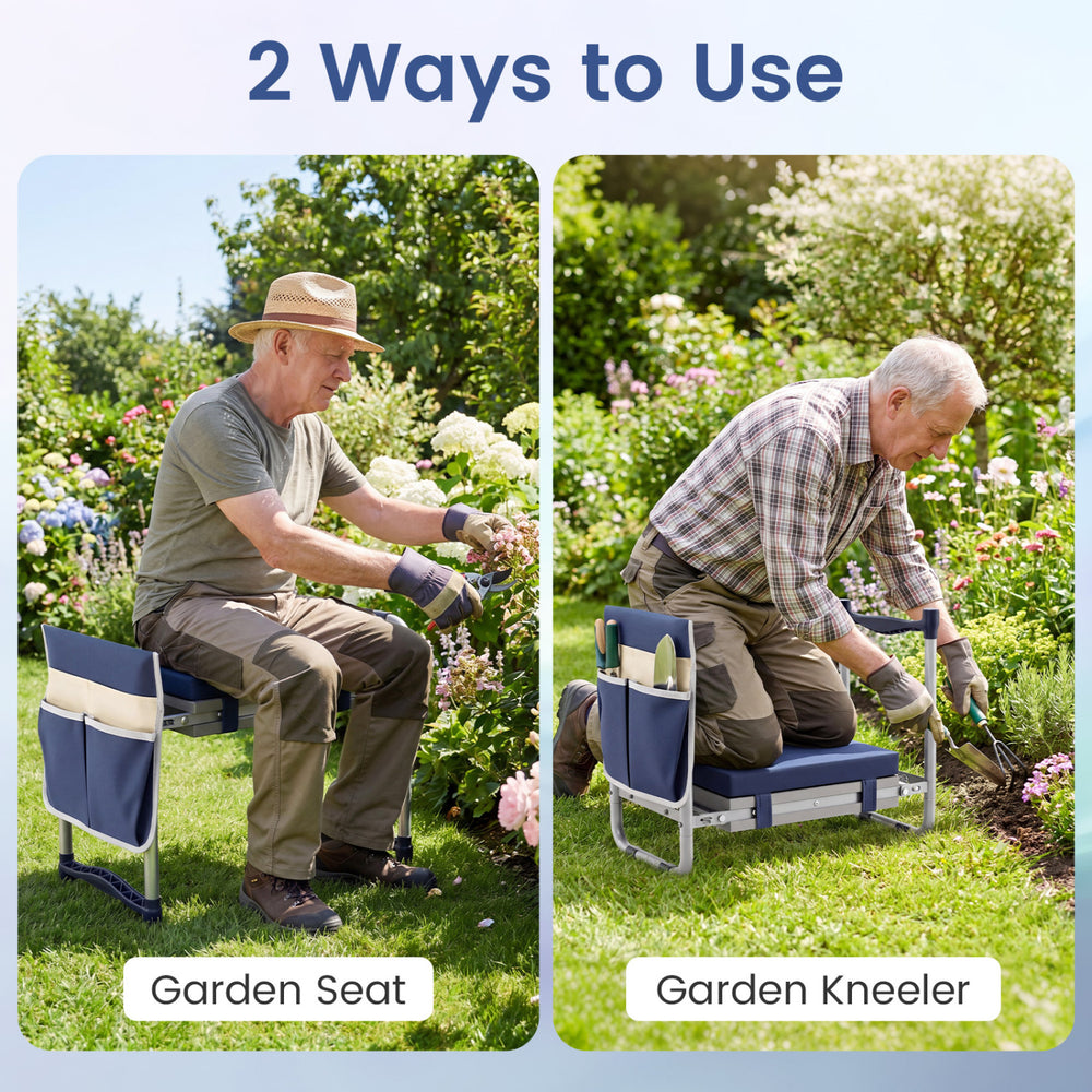 Garden kneeler and seat with wide EVA foam padding, shown in use for gardening tasks in a flower garden.