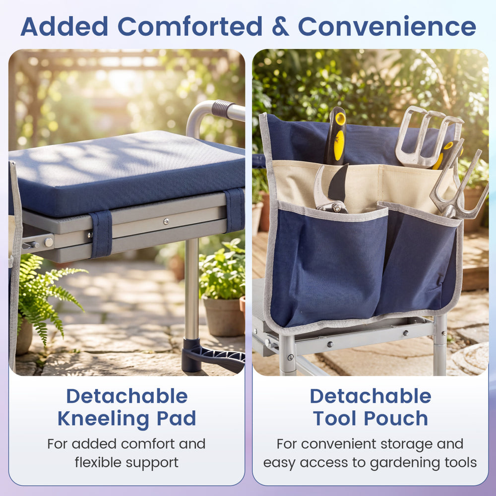 Garden kneeler and seat with detachable kneeling pad and tool pouch, featuring wide EVA foam for comfort and stability.