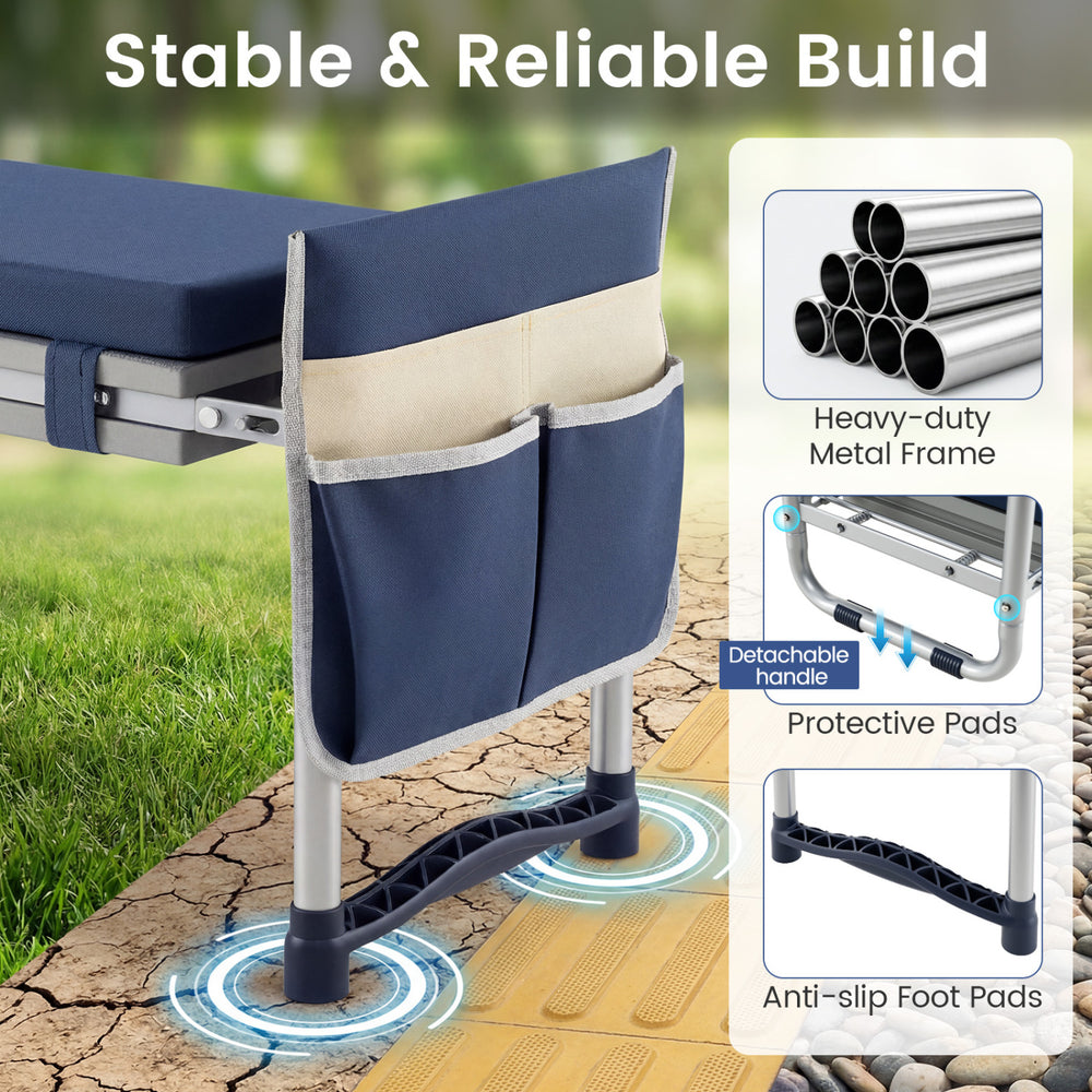 Foldable garden kneeler and seat with navy EVA foam padding, heavy-duty metal frame, and anti-slip foot pads for.