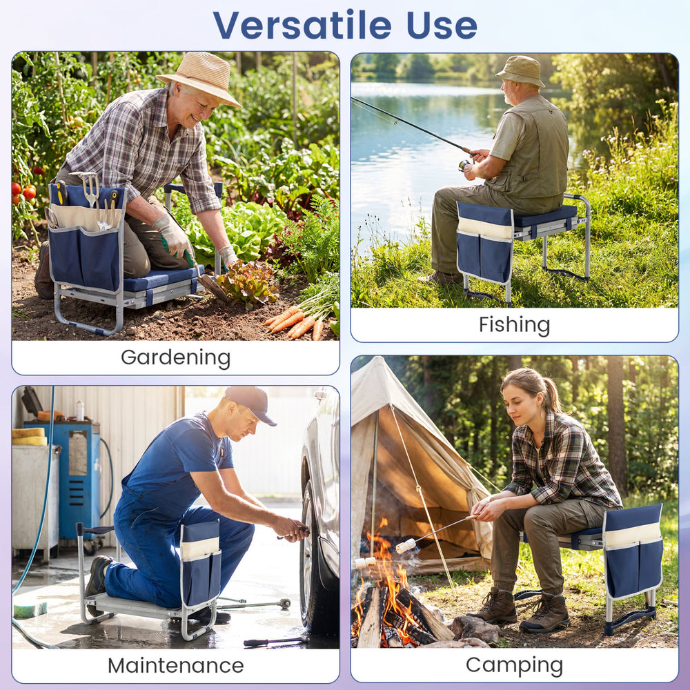 Garden kneeler and seat in navy with wide EVA foam padding, ideal for gardening, fishing, maintenance, and camping.