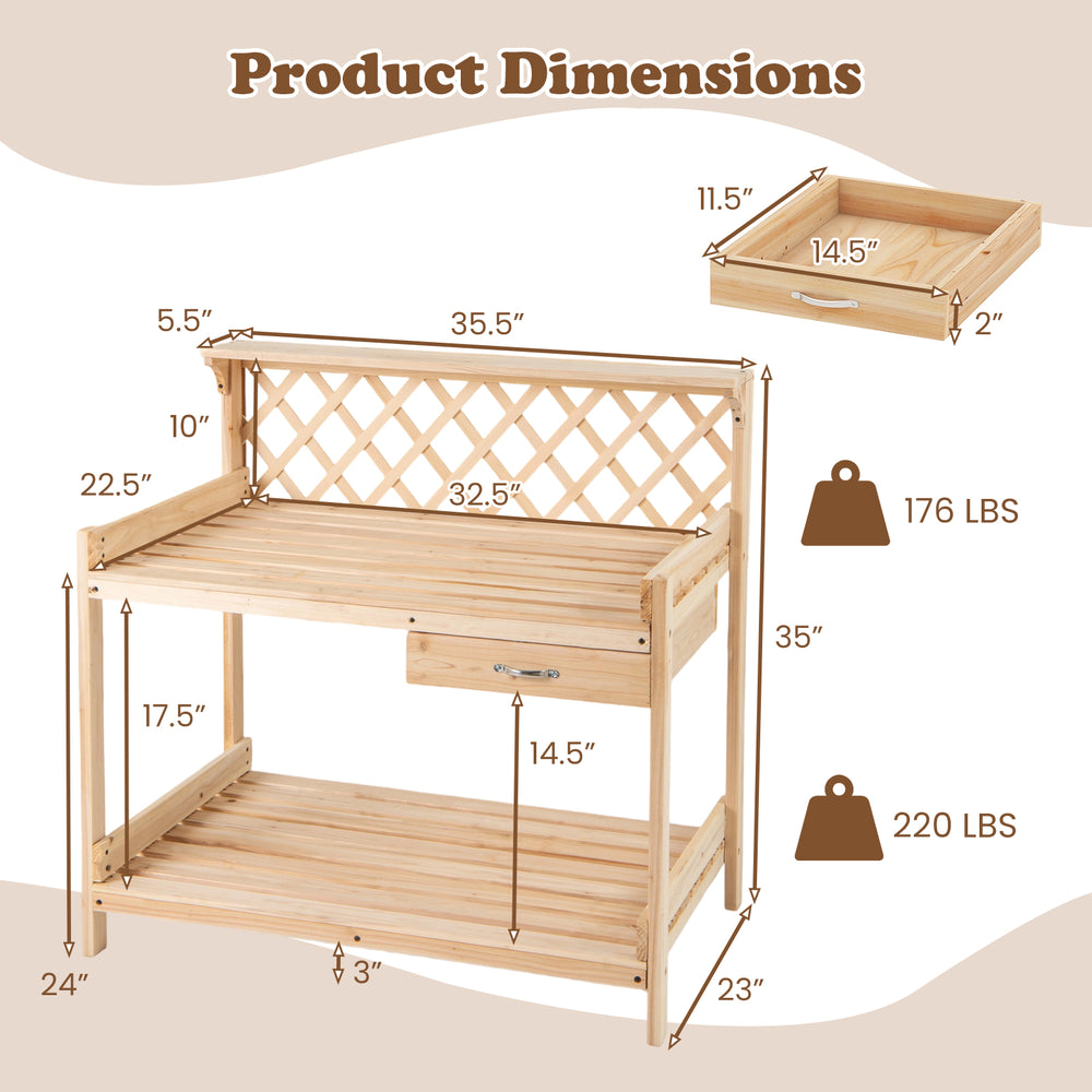 Wooden garden potting bench with lattice trellis, spacious countertop, and slide-out drawer for versatile outdoor use.