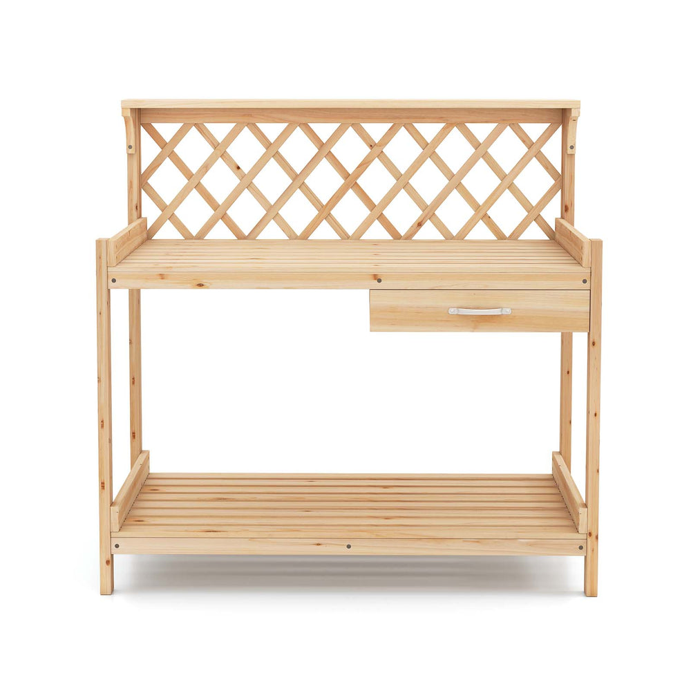 Wooden garden potting bench with lattice trellis, slide-out drawer, and spacious shelves for plant display and storage.
