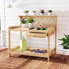 Wooden garden potting bench with lattice trellis, spacious countertop, slide-out drawer, and lower shelf for plant.