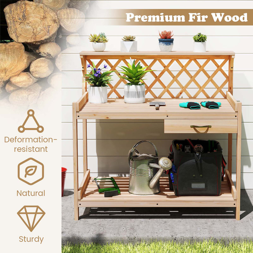 Garden potting bench table made of premium fir wood with lattice trellis, featuring spacious storage for gardening.